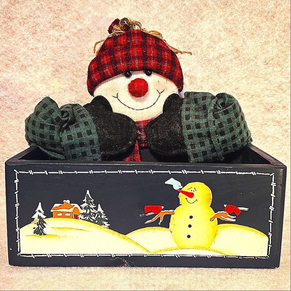 VTG 1996 Handpainted Wood Snowman Card Mail Holder Desk Organizer Winter Box
